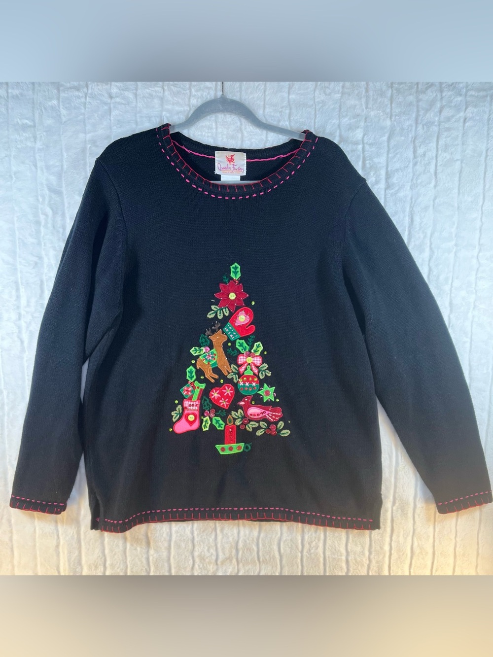 Quacker Factory Christmas Tree Sweater XL Black Embroidered